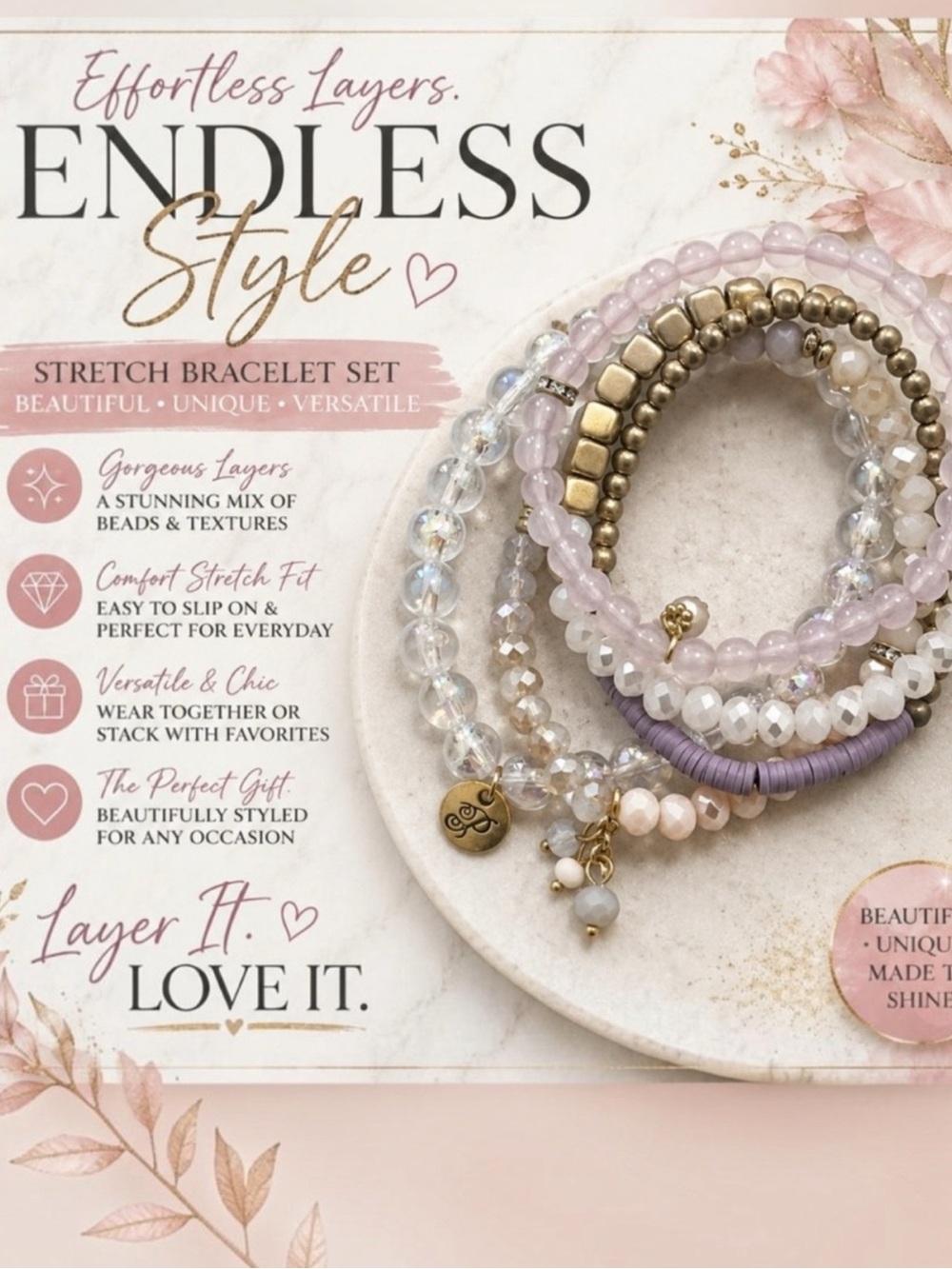 Stretch Bead Bracelet Set - Lavender & Gold Layered Stack
